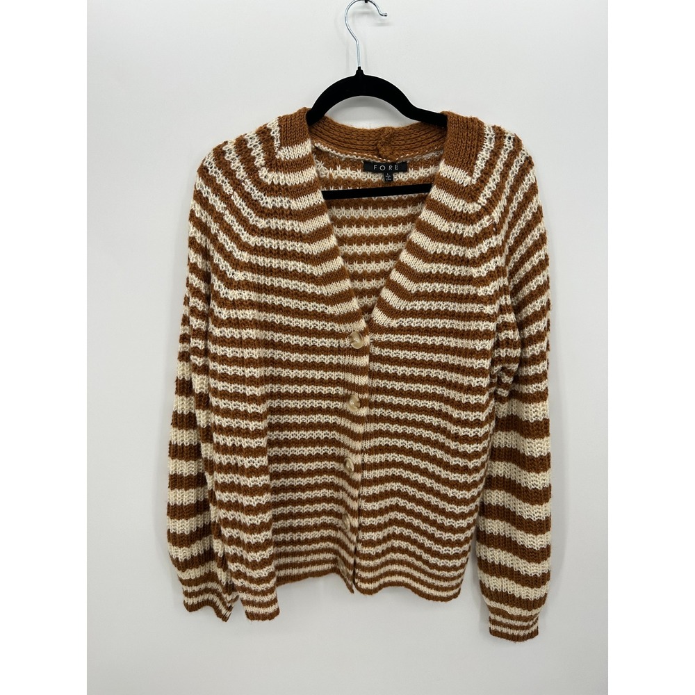 FORE Striped Chunky Knit‎ Cardigan Womens L Brown Cream Grandpa Cozy